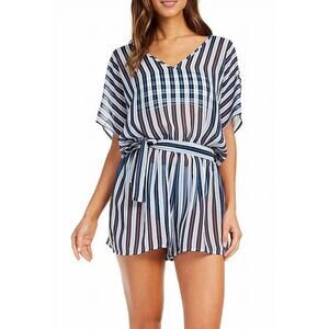 Michael Kors Swim Cover-up Romper L Women's Blue Striped Resort Coastal Vacation